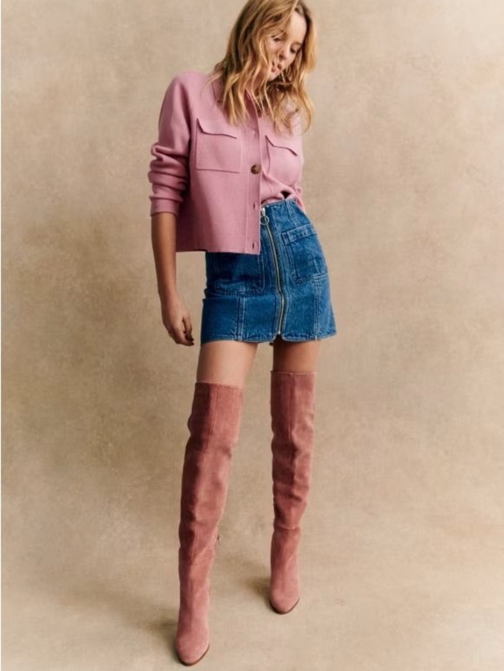 SEZANE NWT Rose Pink Fine Knit 100% Merino Wool Collared Betty Cardigan Sweater - Picture 3 of 14